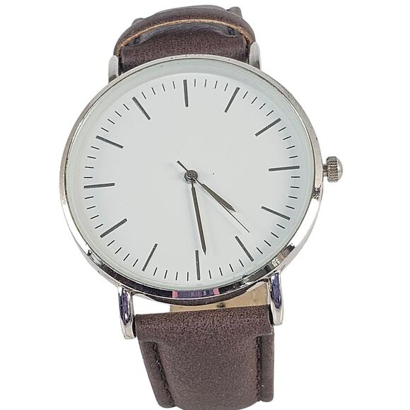 Women's Quartz Watch White Dial Brown Faux Leather Band Silver Case 40mm - Picture 1 of 12